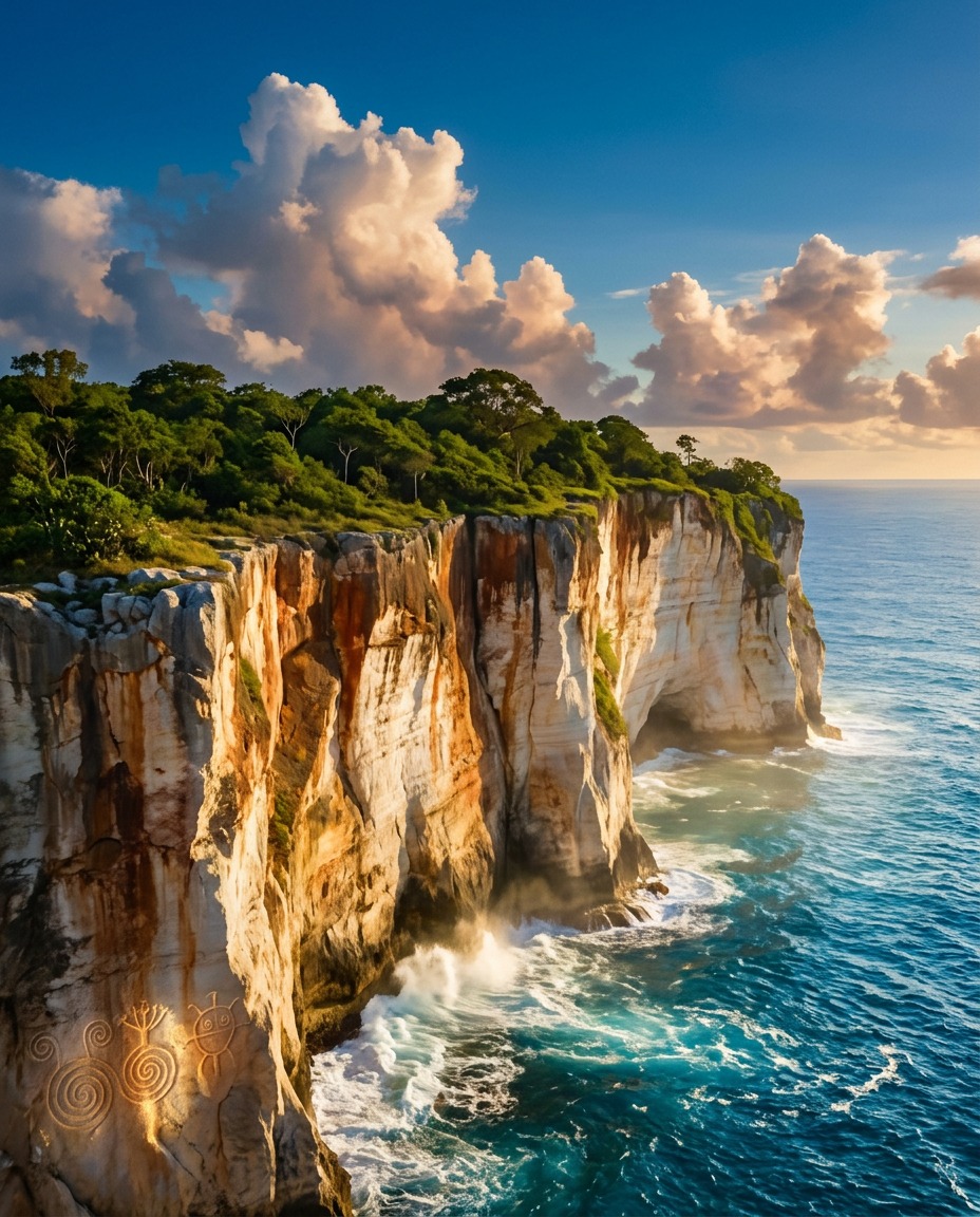 Tall rocky coastal cliffs with green vegetation on top meeting blue ocean water below billowing clouds