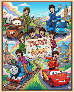 Cartoon Beatles holding 'Ticket to Rode' sign with Lightning McQueen, Thomas the Train, Mater, and Tayo bus in colorful cityscape