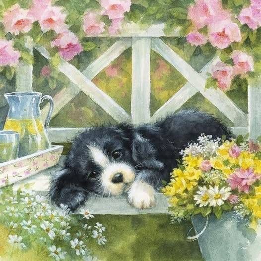 Painting of a black and white puppy lying on a white garden bench surrounded by pink flowers and greenery