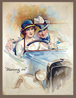 Vintage illustration of a couple in an early Austin automobile, man steering, woman beside him, text reads 'Steering on'