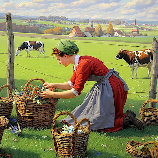 Woman in red and blue dress kneeling in meadow with flower baskets, cows grazing, village in background