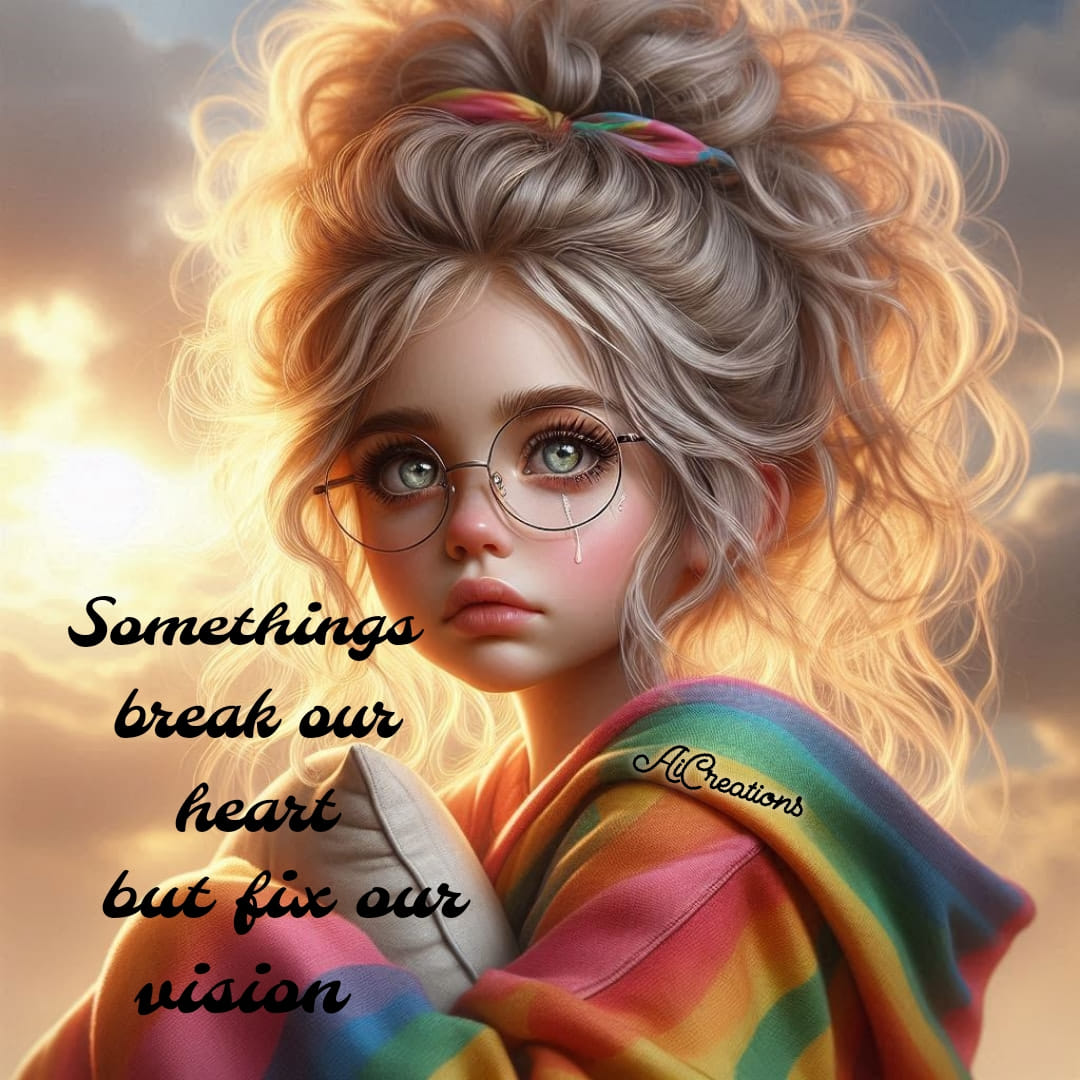 Illustrated girl with curly hair, glasses, and a rainbow hoodie against a glowing sky