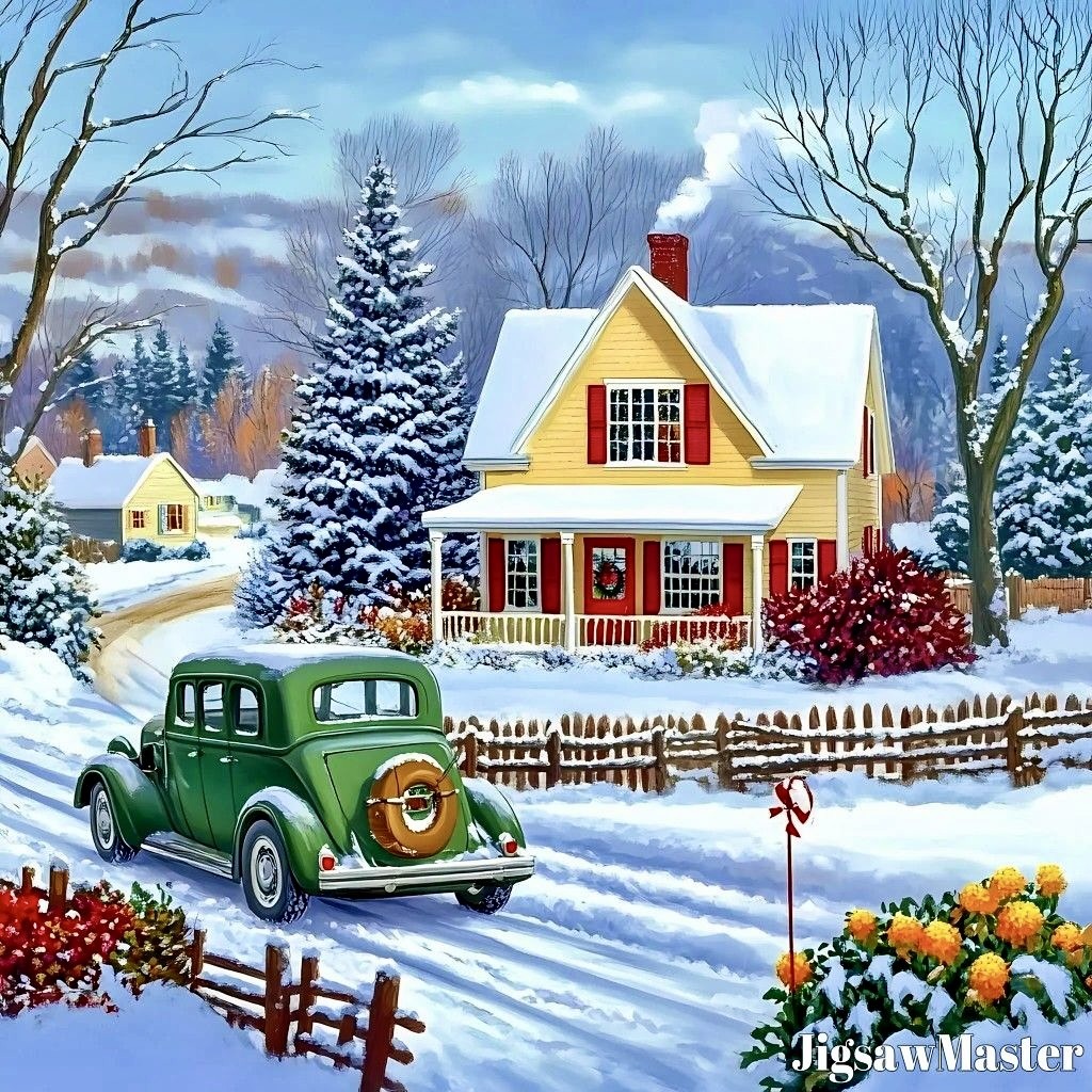 Vintage Christmas Winter Village Scene