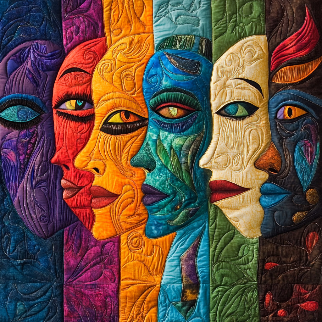 Collage of colorful decorative face masks in vertical panels with ornate carved patterns and vivid eyes
