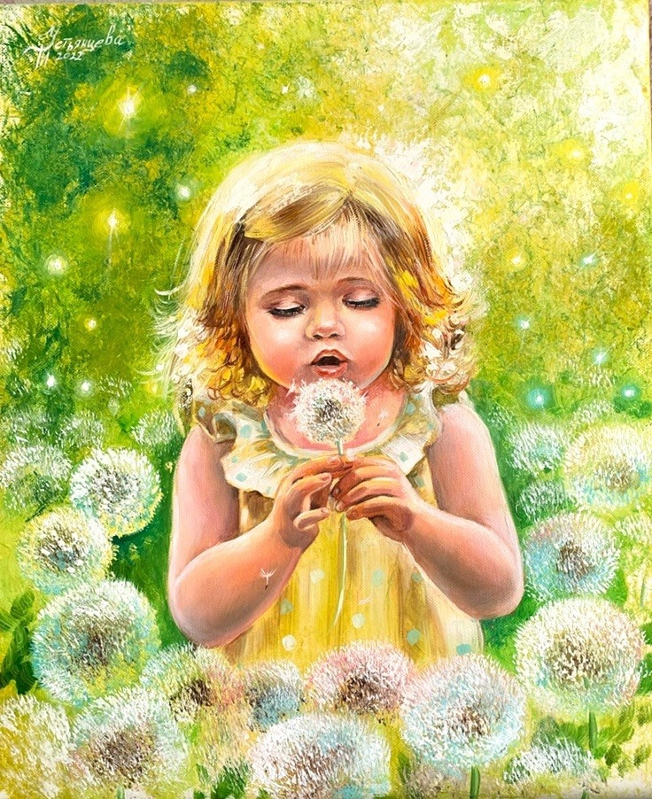 Young girl with blonde hair blowing dandelion seeds in a sunny field of dandelions