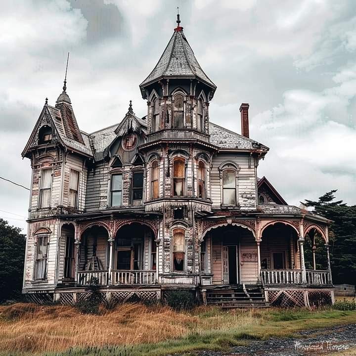 Weathered Victorian mansion with tower and decorative trim surrounded by dead grass and cloudy sky