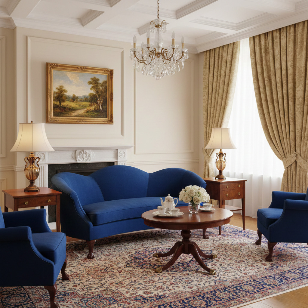 Elegant living room with blue velvet furniture, crystal chandelier, fireplace, and traditional decor