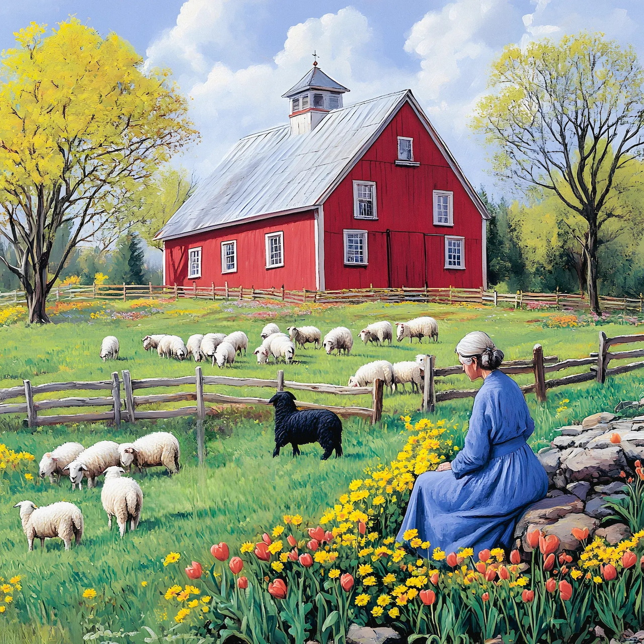 Woman in blue dress sitting by flowers watching sheep graze in front of red barn with white clouds and green trees