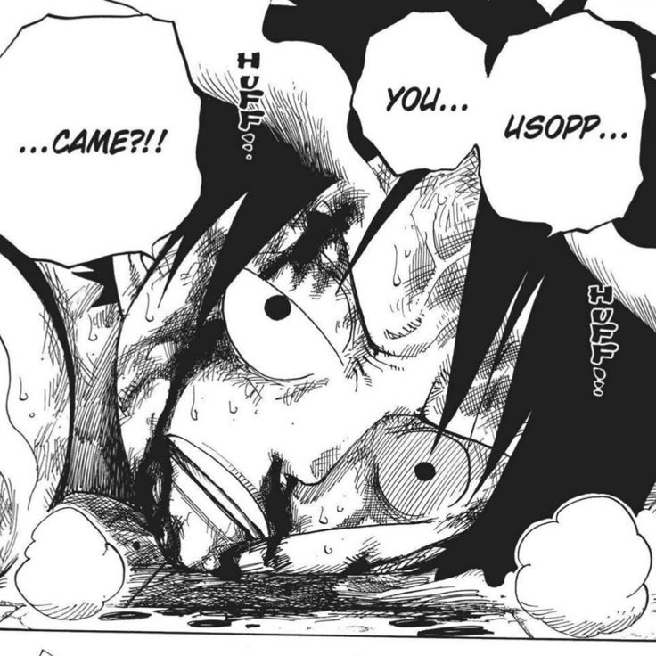 Black-and-white manga panel showing Luffy in an intense close-up with speech bubbles