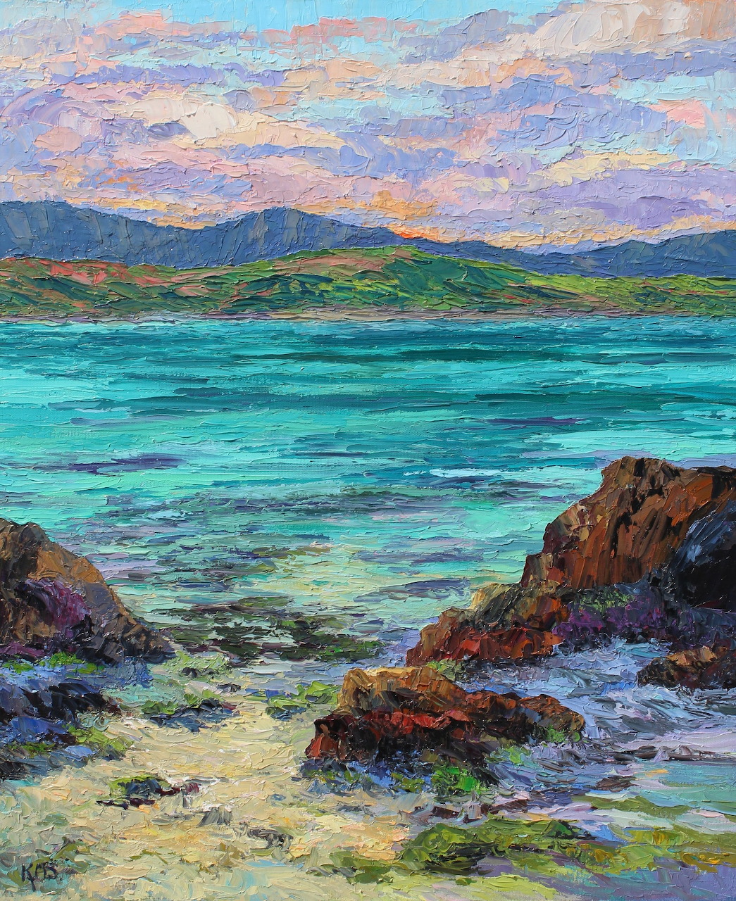 Impressionist oil painting of Hawaiian coastal scene with turquoise water, rocky shore, and mountains under vibrant sky