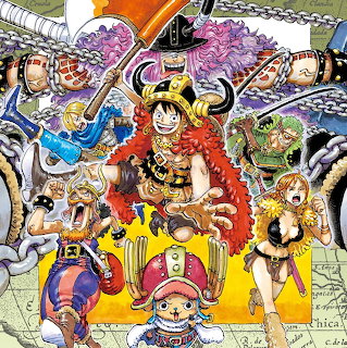 Colorful One Piece anime group illustration with Luffy and crew members in action poses