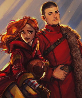 Digital painting of a red-haired woman in red robes with a broomstick beside man in red fur-trimmed armor