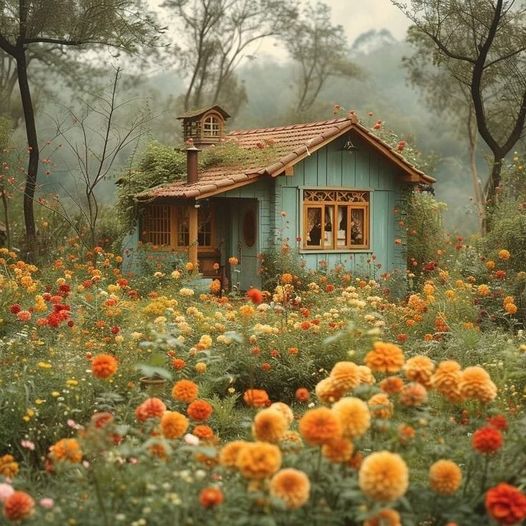 Small blue cottage in a colorful flower garden with tall trees and misty woodland behind