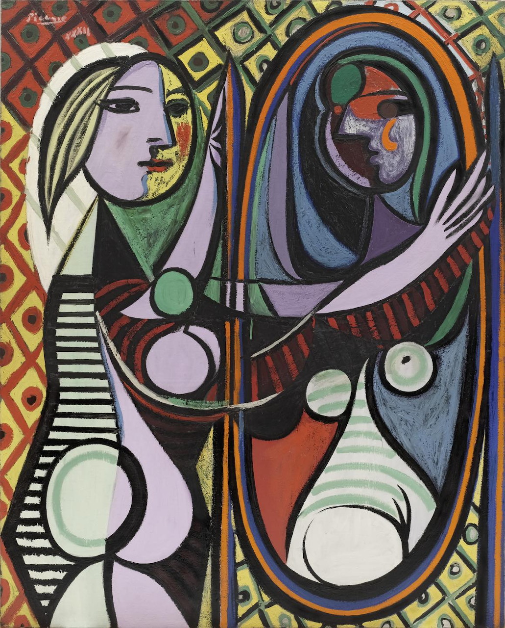Cubist painting of a woman standing before an oval mirror with colorful geometric patterns