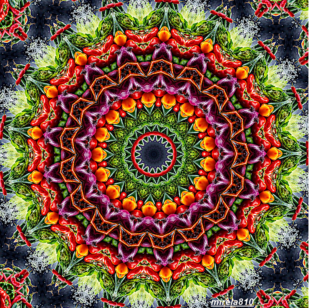 Colorful mandala with concentric circles in red, orange, yellow, green radiating from center on dark background