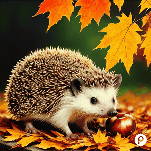 Hedgehog with brown and white spines standing on autumn leaves with acorns
