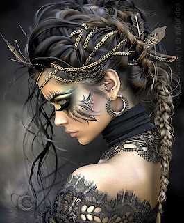 3D rendered dark fantasy woman with tribal face paint, braided hair, feathers, and gold accessories