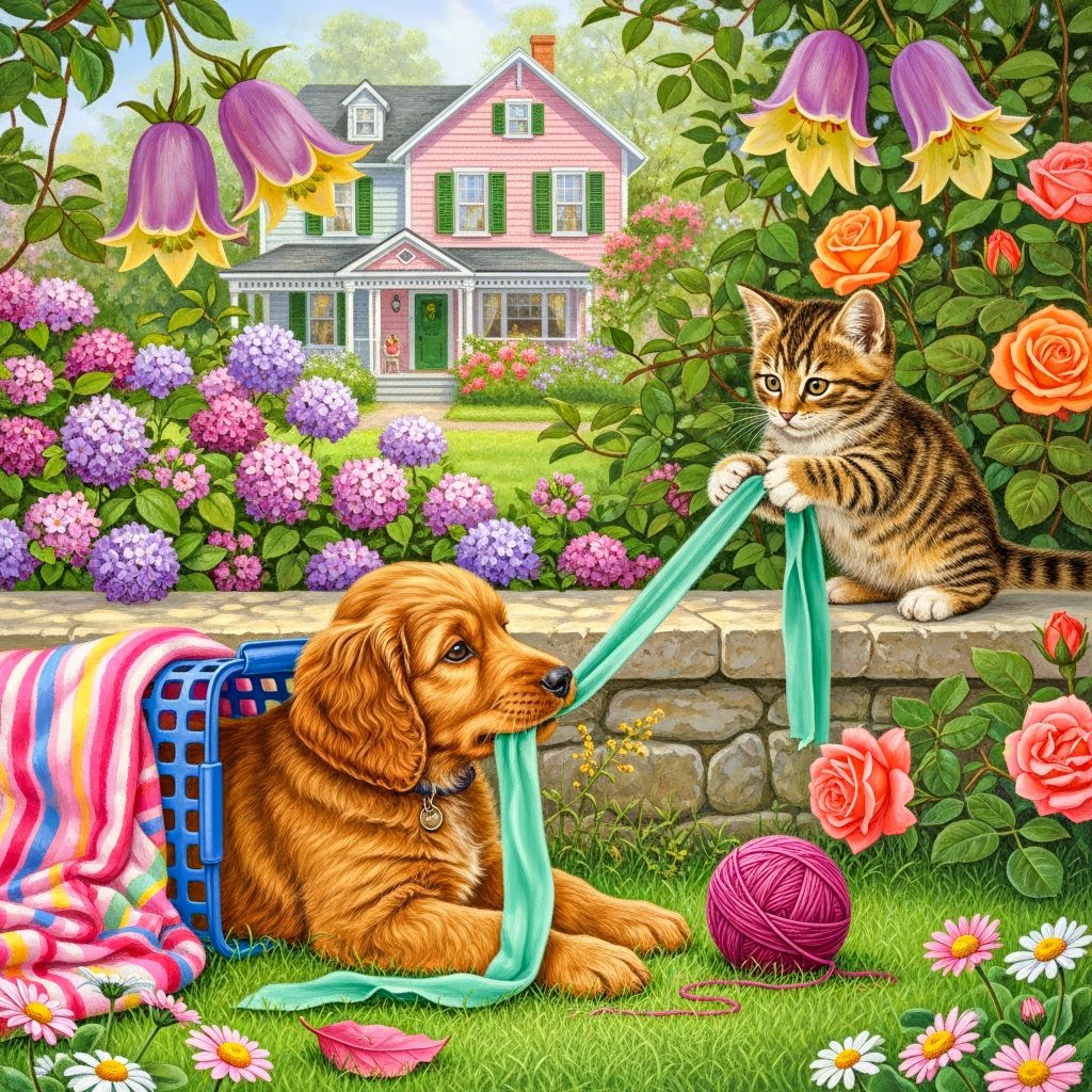 Two cats playing with yarn in a colorful garden with flowers and a pink cottage in the background