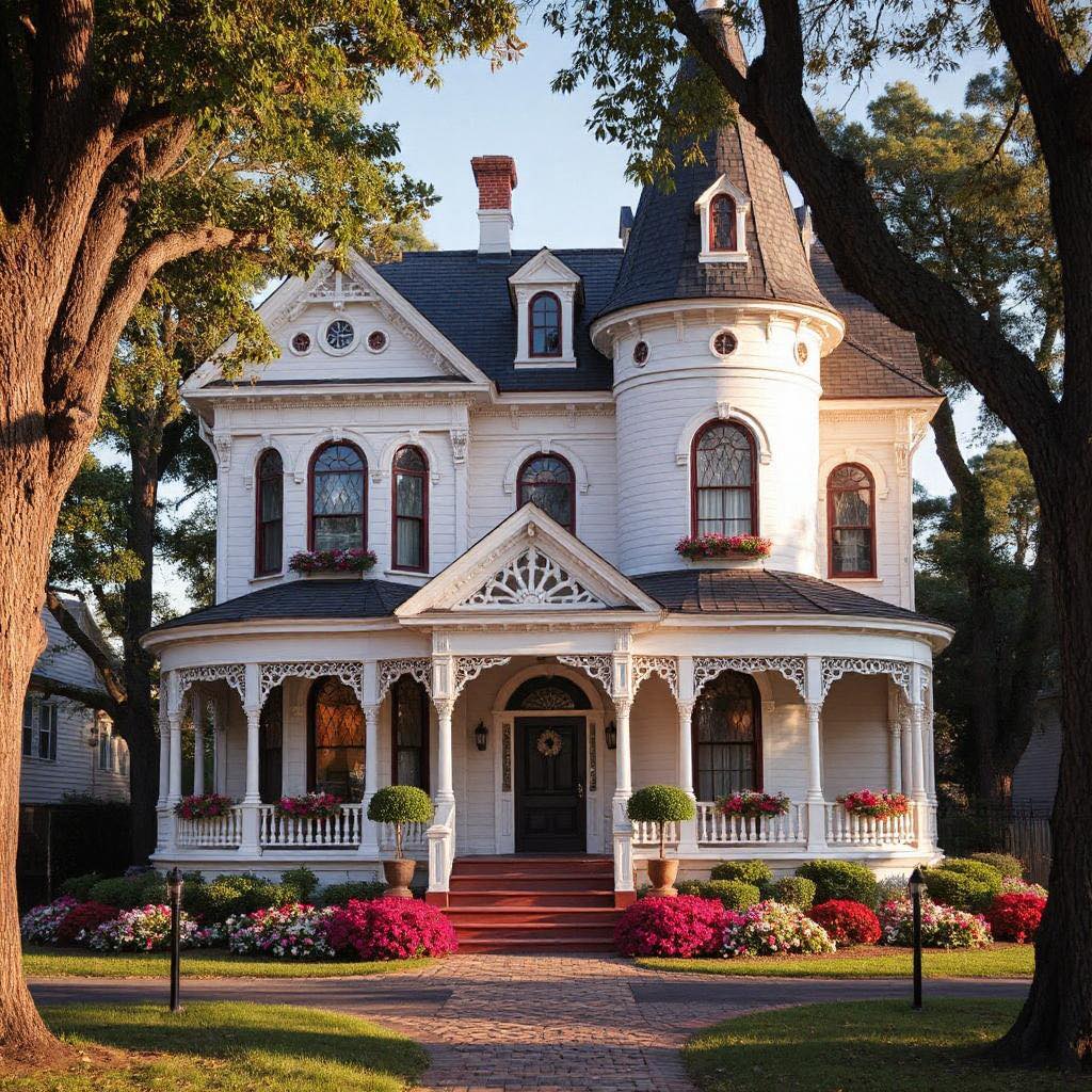 White Victorian mansion with turret, decorative porch, red brick walkway, and colorful flower beds under tall trees