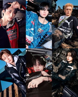 Collage of six male K-pop group members in trendy streetwear and leather outfits