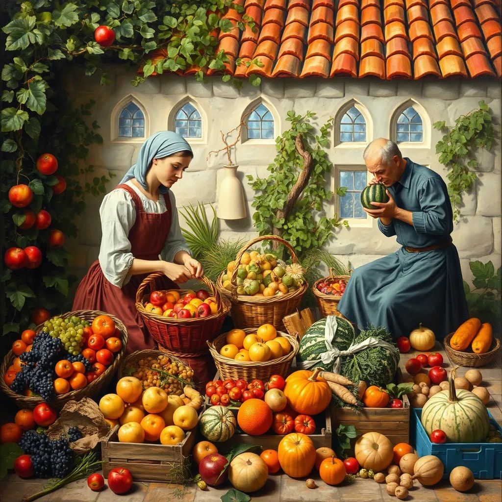 Medieval villagers displaying colorful harvest produce including pumpkins, grapes, and fruit under orange tile roof