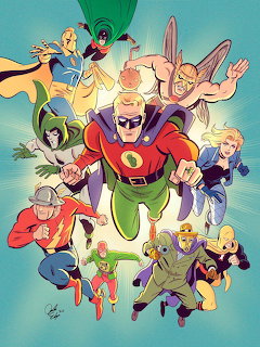 Comic art of JSA superheroes group including Green Lantern and other classic DC characters in dynamic poses