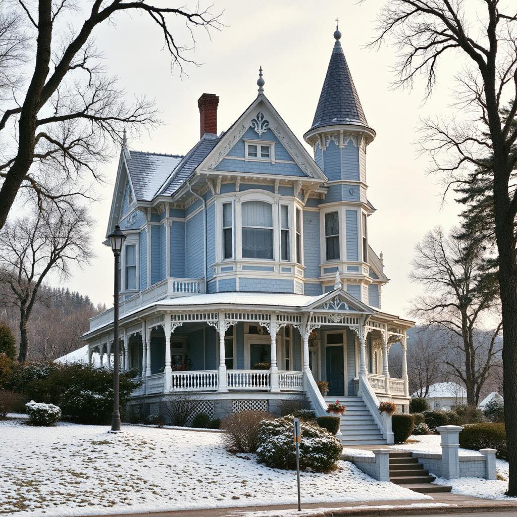 Pale blue Victorian house with tower and porch in snow