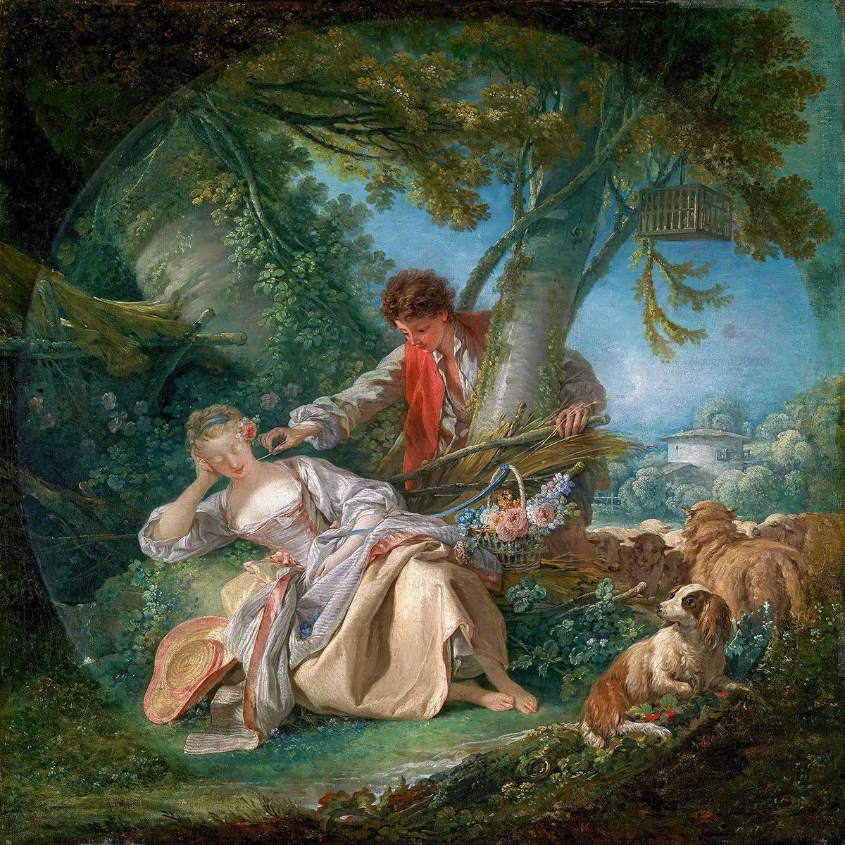Rococo pastoral painting of a seated woman, a young man, and sheep in a wooded landscape