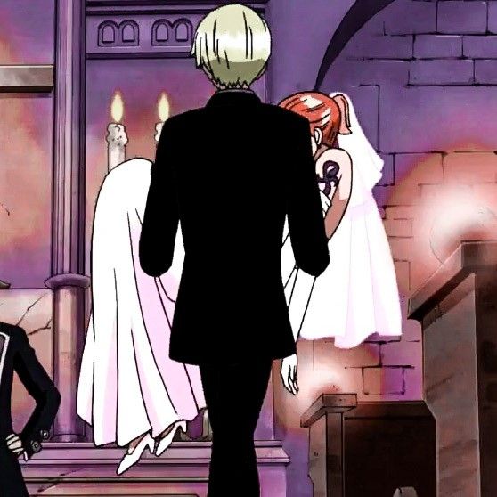 Anime couple in wedding clothes, man in black suit and woman in white dress, standing in purple-lit ornate room