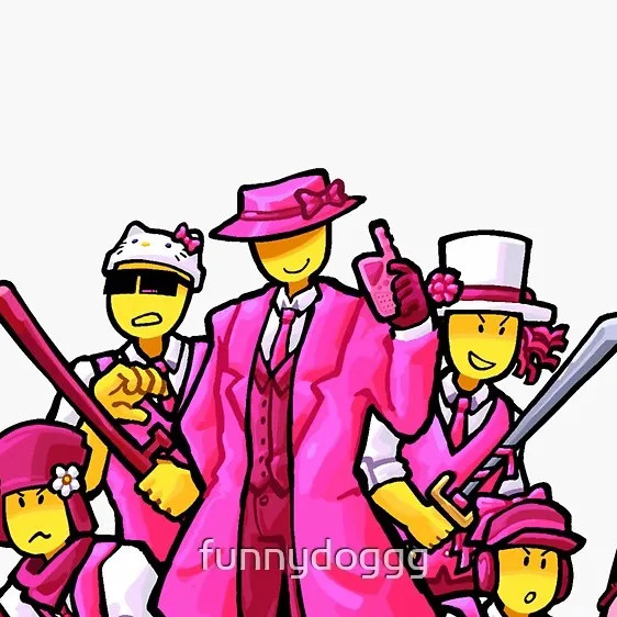 Cartoon characters in pink suits and hats posing with bats and bottles on a white background