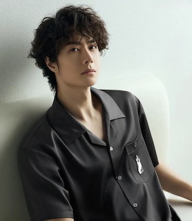 Portrait of Wang Yibo in a dark satin shirt against a light background