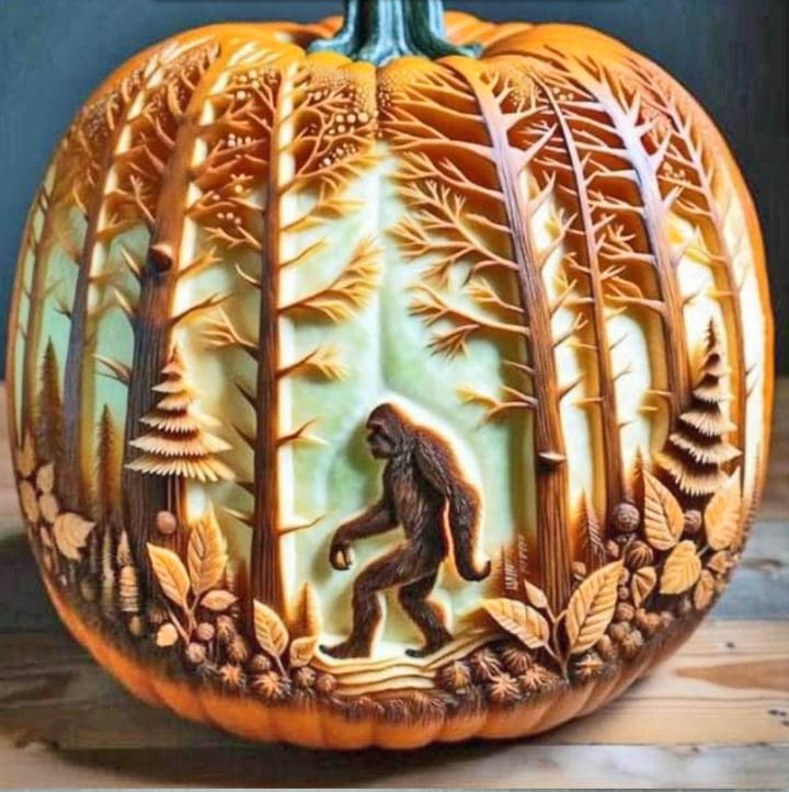 Carved pumpkin with detailed Bigfoot walking through forest scene with trees and foliage