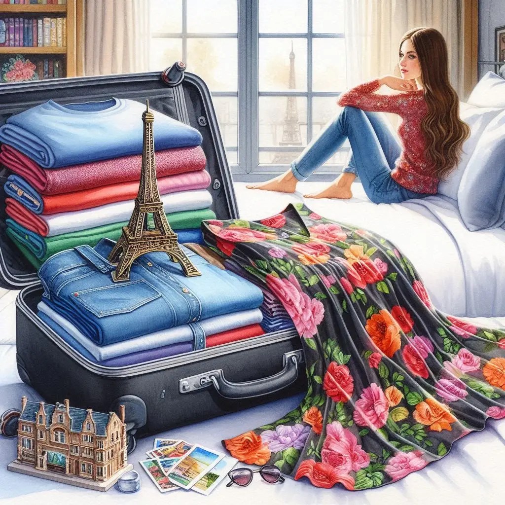 Woman sitting on bed next to open suitcase filled with neatly folded colorful clothing and travel souvenirs