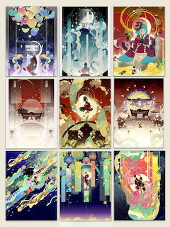 Grid of nine colorful abstract art panels with silhouettes and geometric patterns in psychedelic style