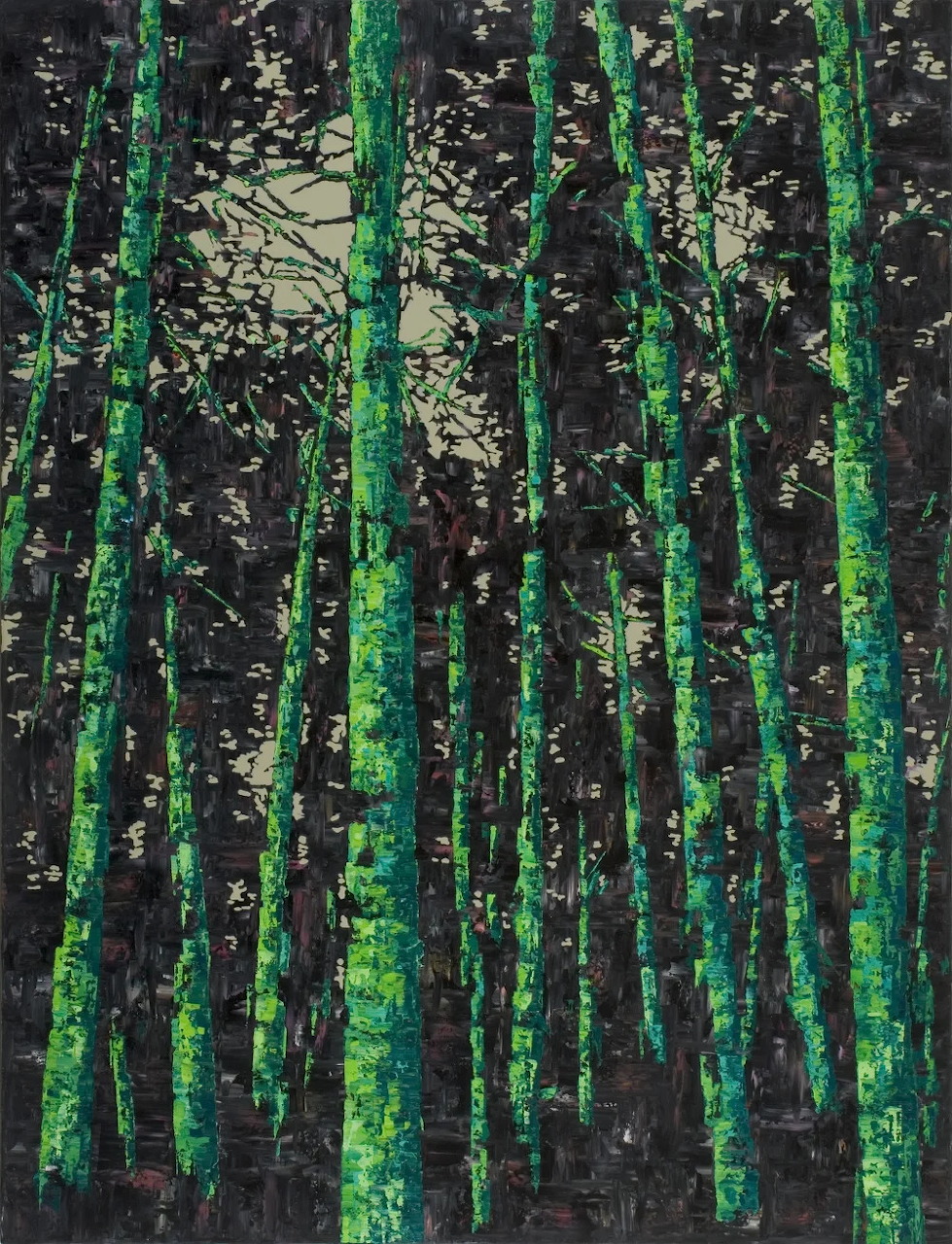 Textured painting of dark tree trunks with green moss in dense forest