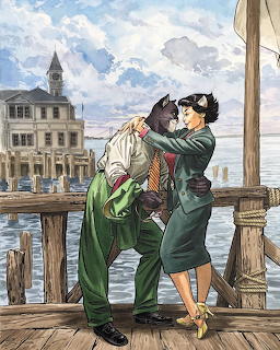 Black cat character in trench coat embracing woman on wooden Venice pier with bell tower and canal buildings background