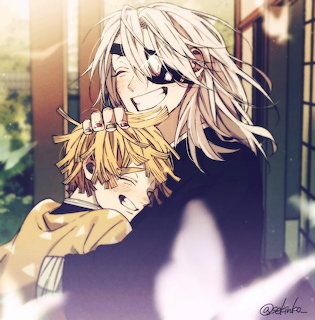 Two anime characters embracing, one with white hair behind blonde-haired character in warm lighting