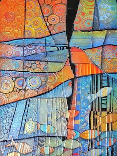 Abstract art with geometric shapes, circles, and patterns in vibrant orange, blue, and turquoise colors