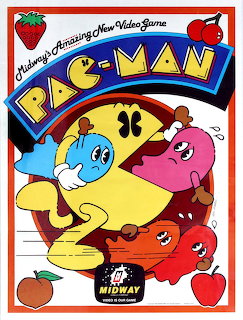 Vintage Pac-Man poster with Pac-Man, colorful ghosts, and fruit illustrations