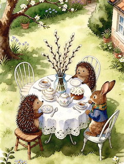 Illustration of two hedgehogs and a rabbit having tea at a garden table under a flowering tree