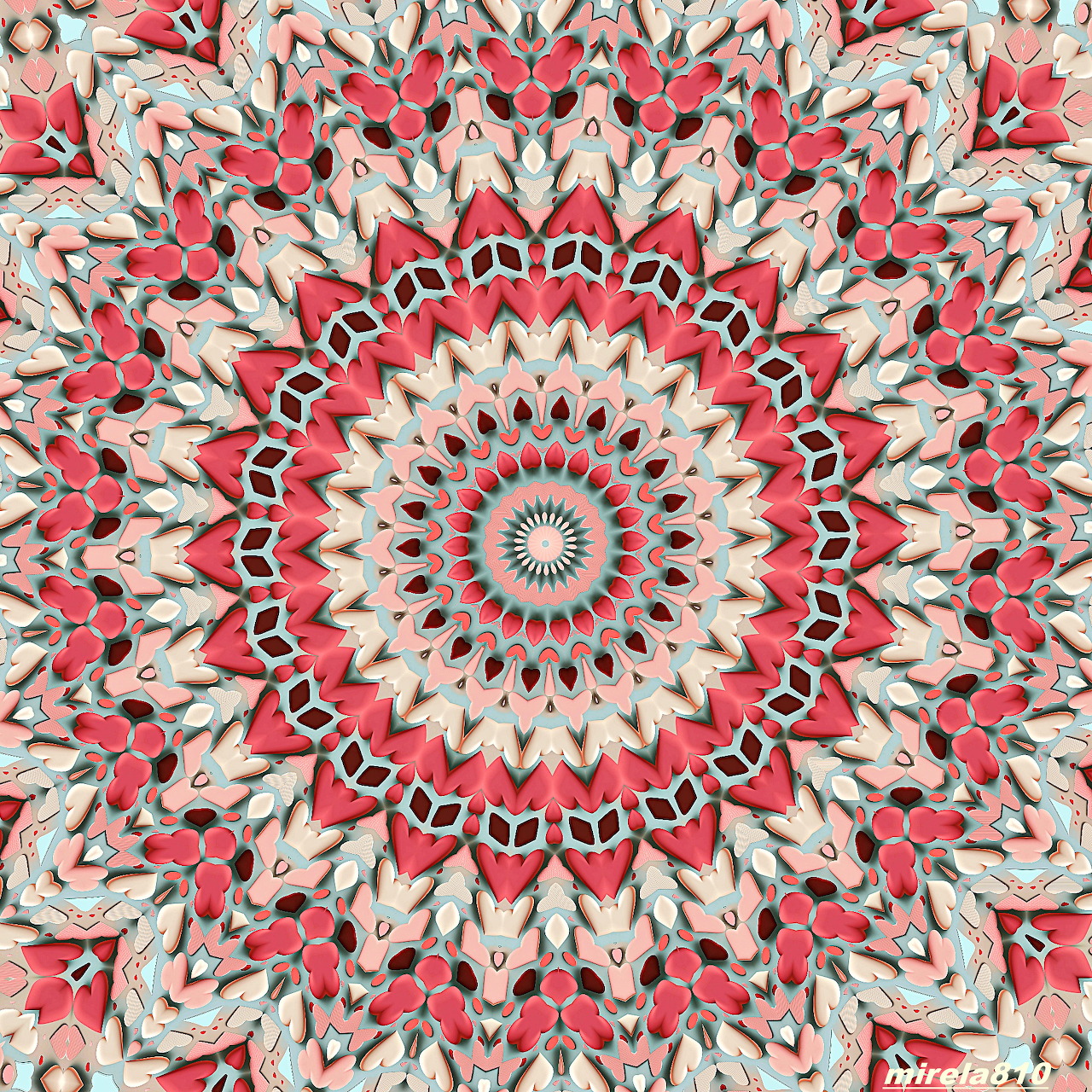 Symmetrical mandala with red and cream floral patterns radiating from center in circular layers