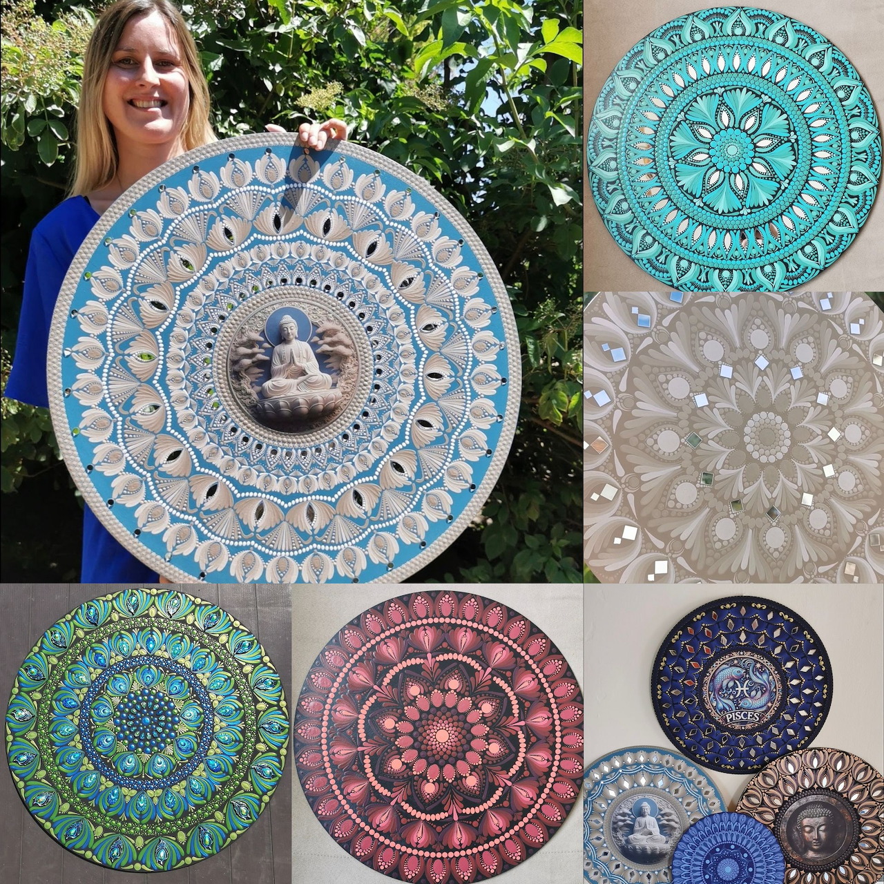 Collage of colorful mandala artworks with geometric patterns and dot painting technique