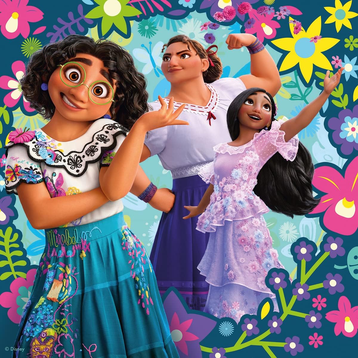 Three Encanto characters smiling among colorful flowers and butterflies on turquoise background