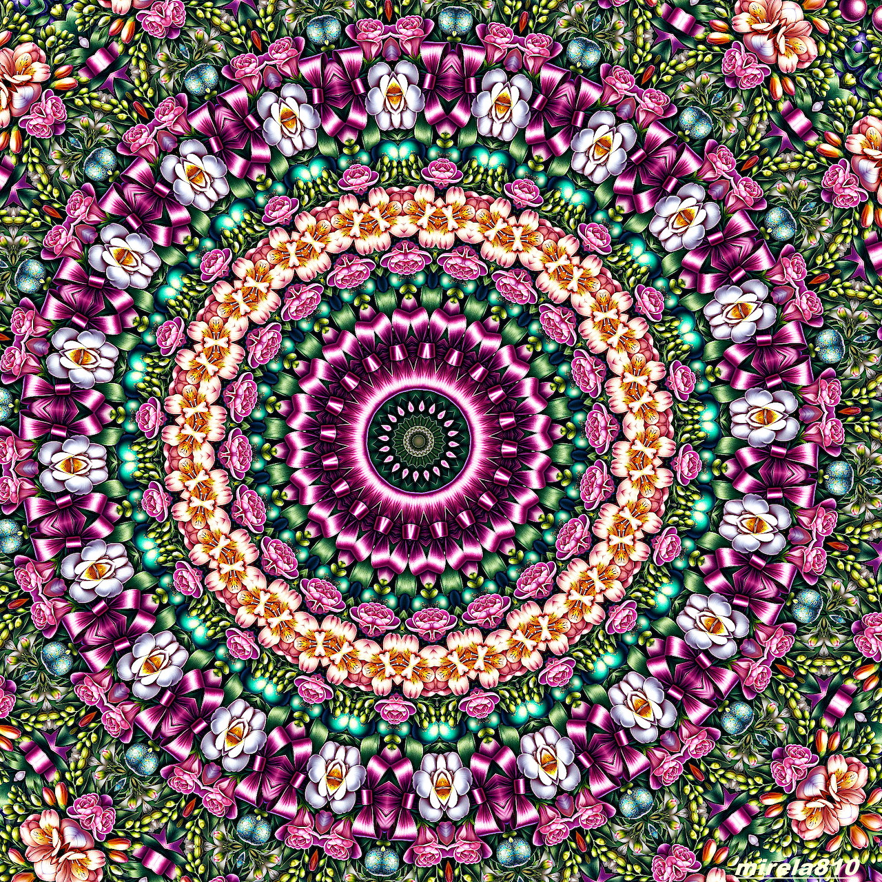 Detailed floral mandala with pink, white, and green symmetrical circular patterns