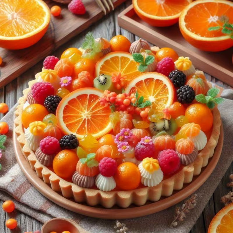 Fruit tart with orange slices, berries, kiwi, and meringues on a wooden table