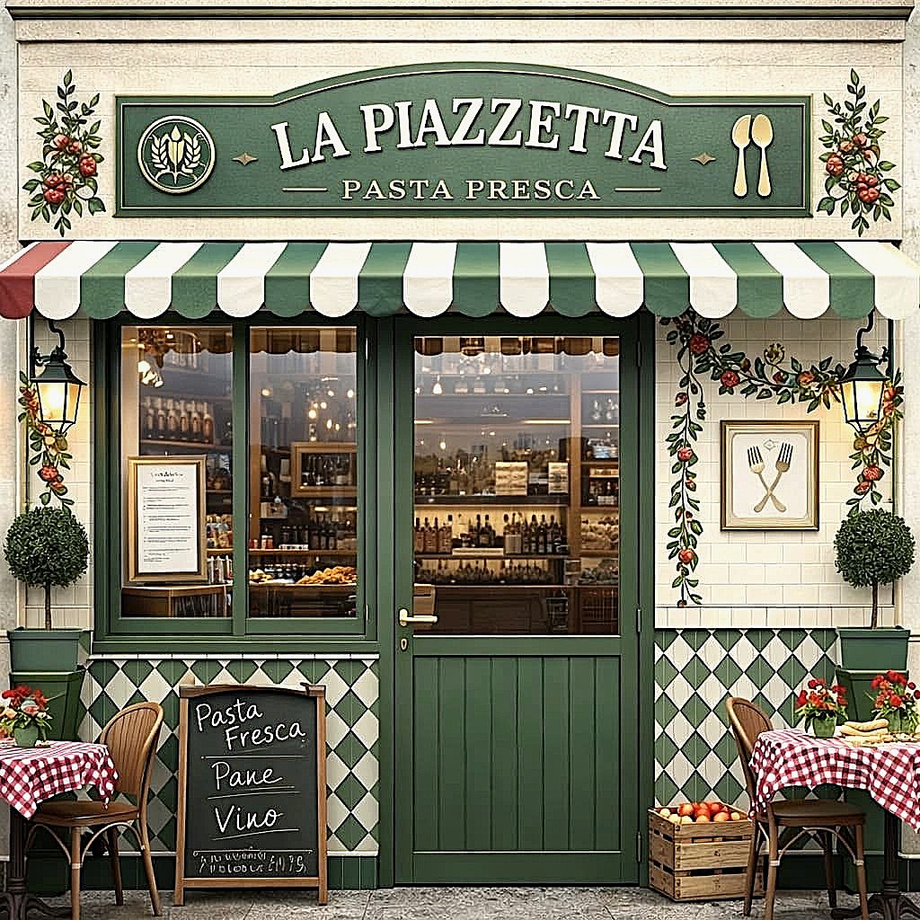 Green Italian restaurant storefront with striped awning, bistro chairs, and decorative tilework