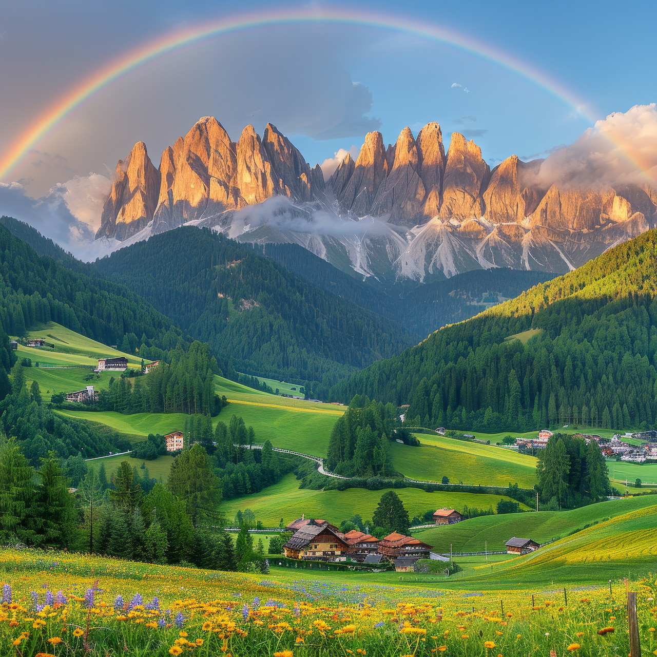 Rainbow arcing over jagged mountain peaks above a lush green alpine valley with scattered houses and forests