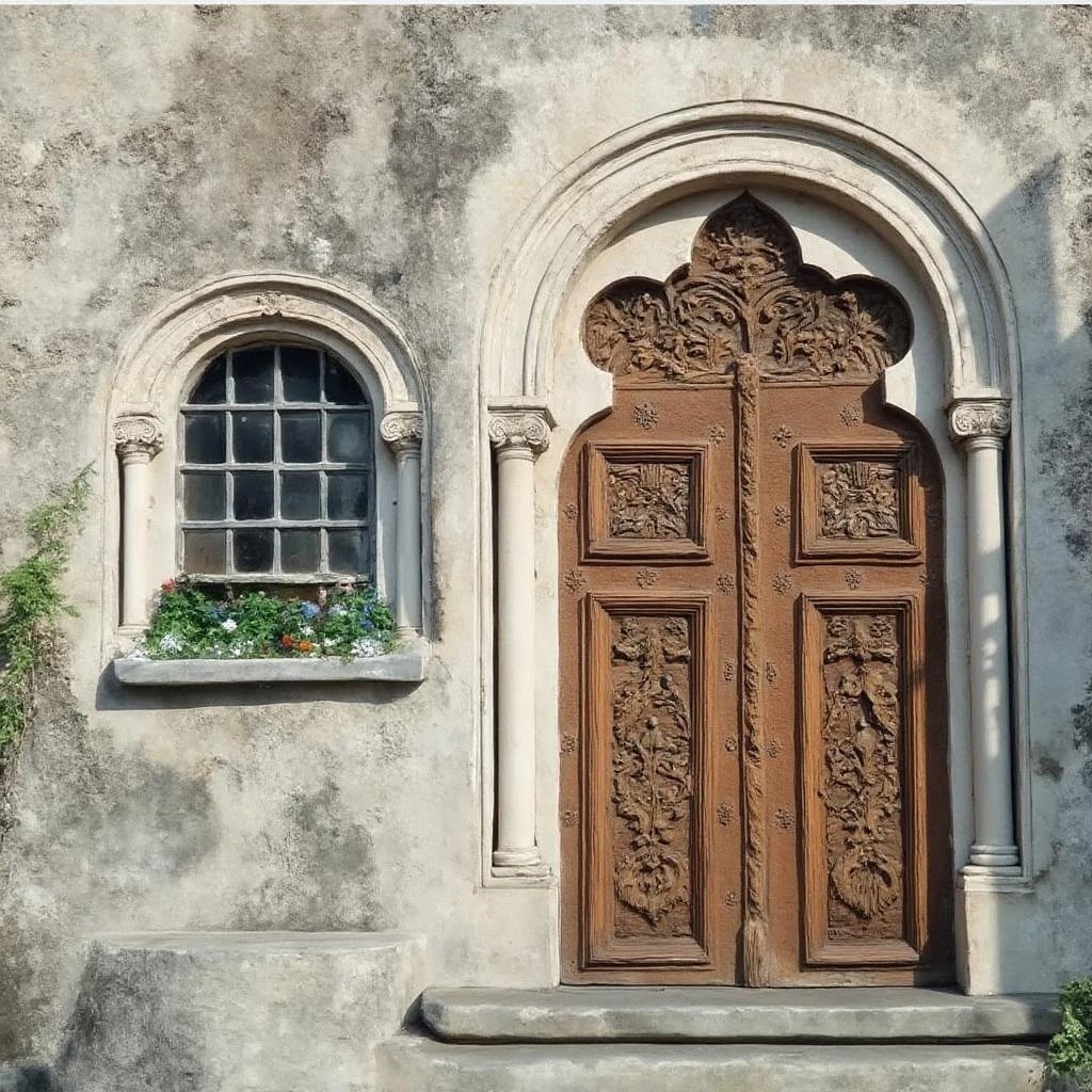Ornate carved wooden church doors with arched top and decorative window with flowers on aged stone wall