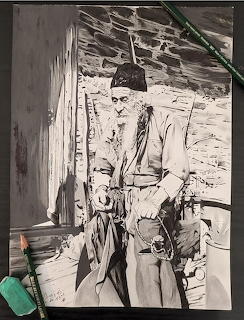 Black and white painting of an elderly bearded man in traditional clothing standing by a stone doorway