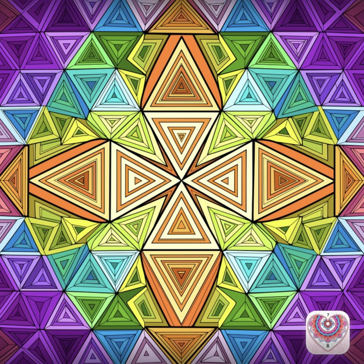 Symmetrical mandala with colorful triangular stained glass pattern in rainbow hues radiating from center